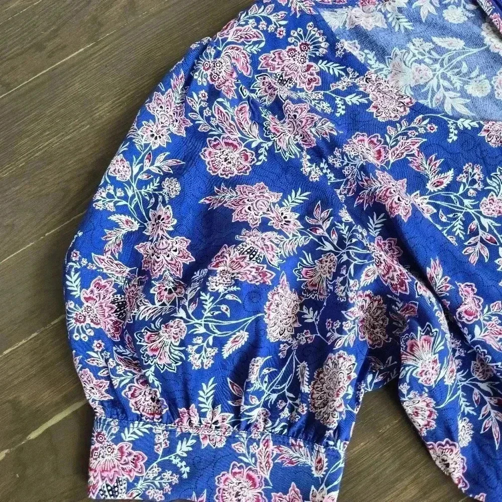 LOFT Floral Print Blue mini dress feminine puff short sleeve  sz 14 - Picture 5 of 10